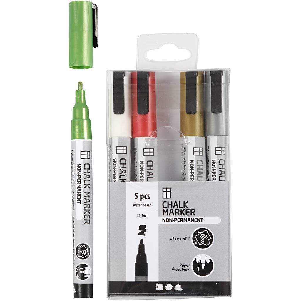 Chalk Markers Water-Based Non-Permanent Washable Line 1,2-3mm Metallic Colours 5 Pieces