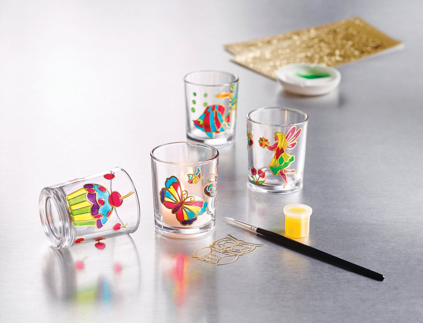 Creative Glass Painting Kit | Instructions Candle Glass Peel-Off Outlines Paints Brush