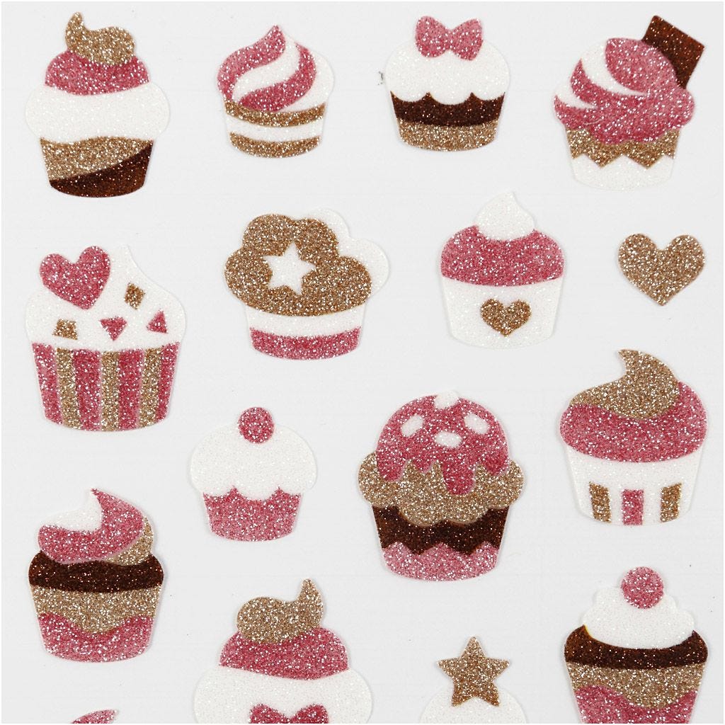 Cupcakes Glitter Stickers Sheet 10x16cm Sparkly Self-Adhesive Punched Greeting Cards Gift Tags