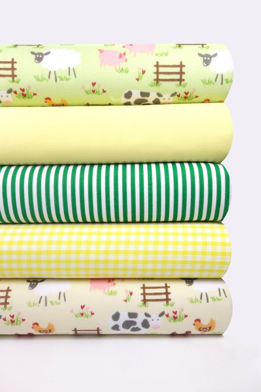 Fabric Bundles Fat Quarters Polycotton Material Farmyard Green Yellow Gingham Children Craft - Home - Crafts
