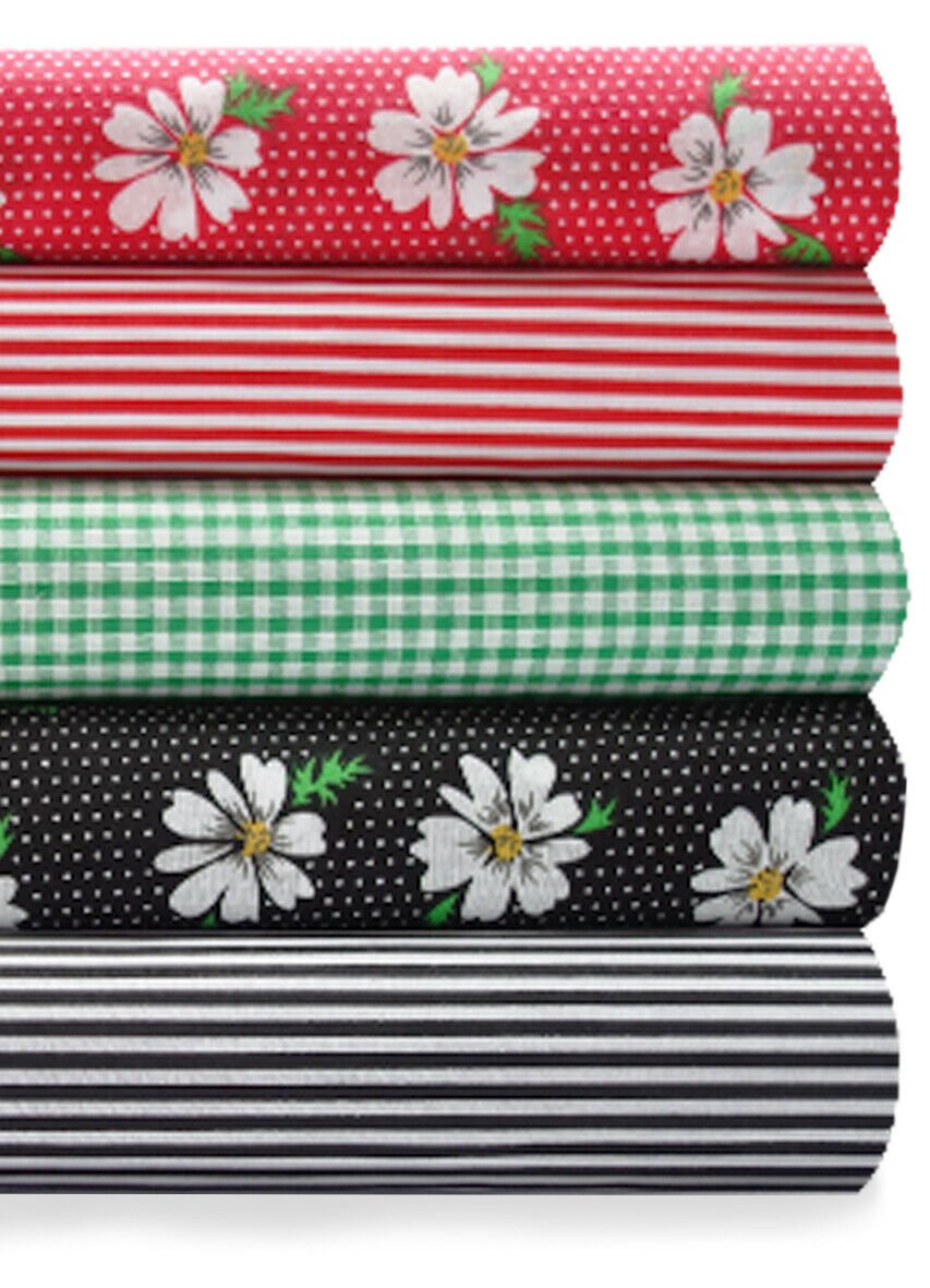 Fabric Bundles Fat Quarters Polycotton Material Florals Gingham Spots Craft -RED & BLACK DAISES
