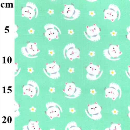 Happy Cats Mint Polycotton Children Fabric