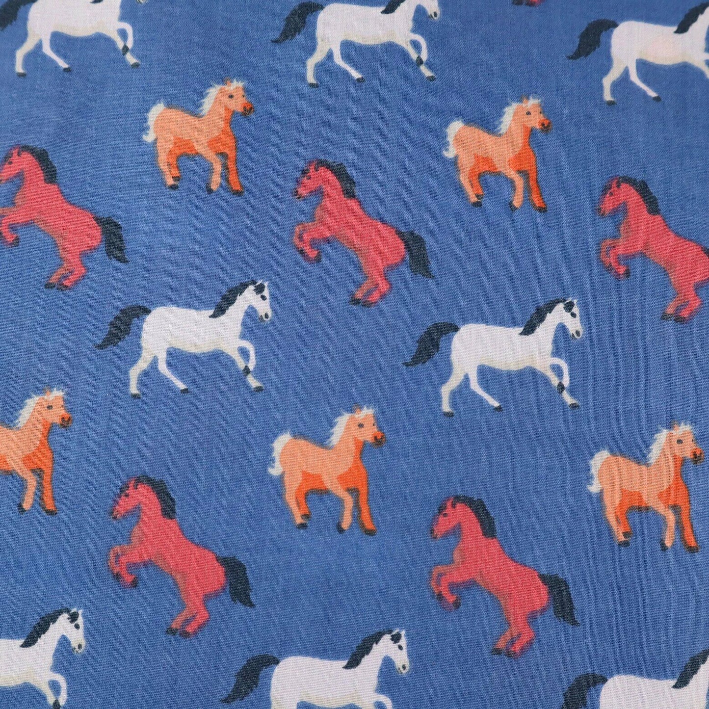 Horses Blue Polycotton Children Fabric Sold By Half Metre