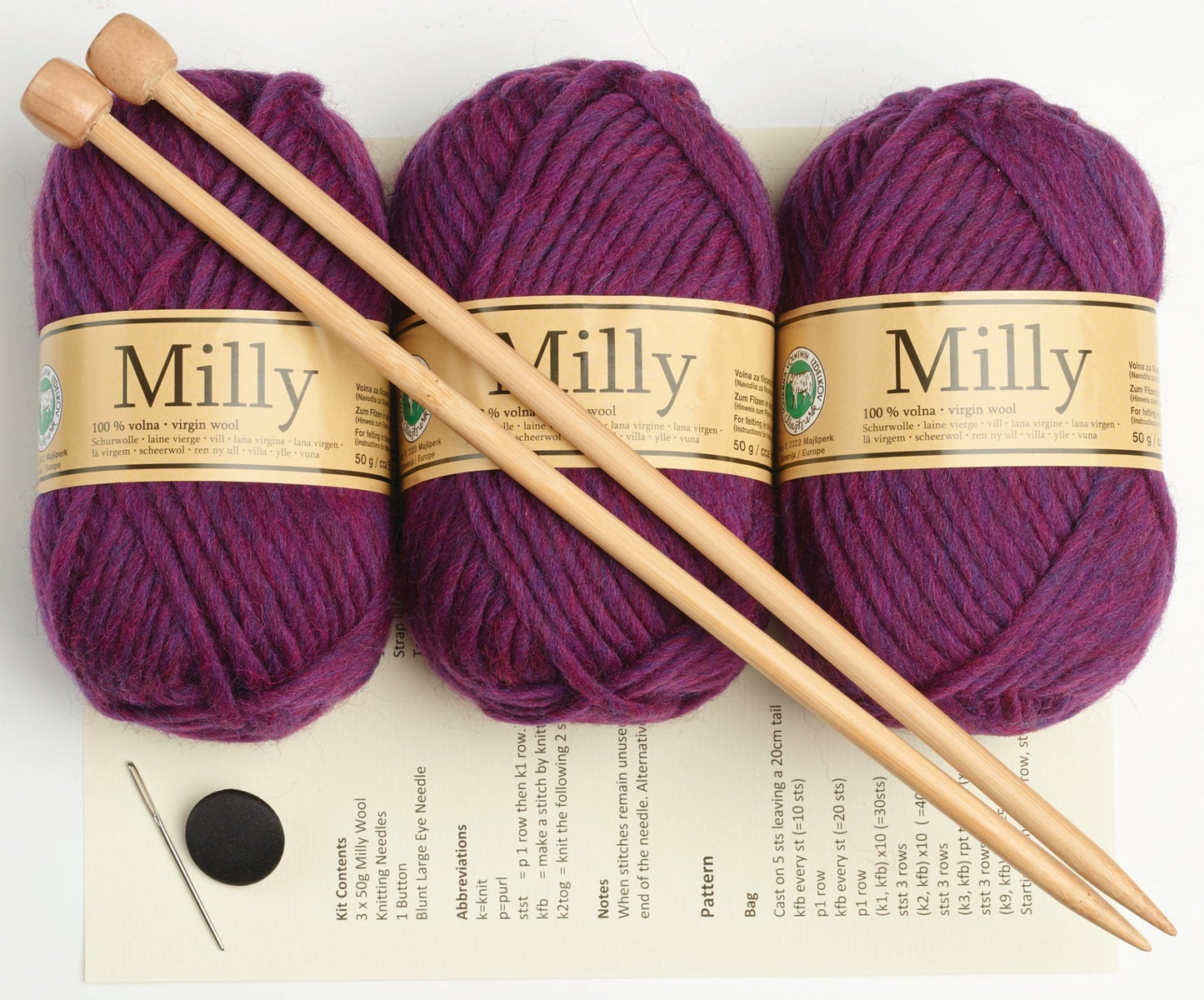 Knitting Craft Kit | Instructions 100% Pure Wool Needles Black Button Tapestry Needle,