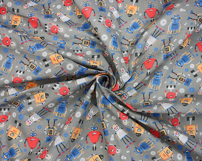 Robots Grey Polycotton Children Fabric Sold By Half A Metre