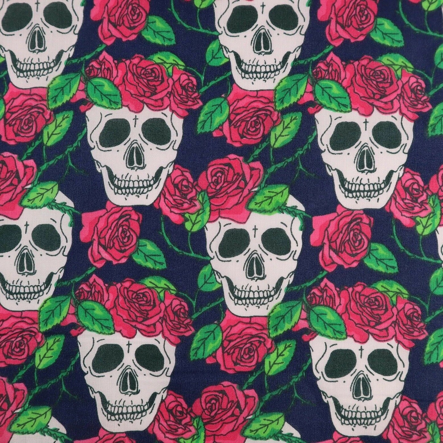 Skull Roses Navy Polycotton Children Fabric - Home - Crafts