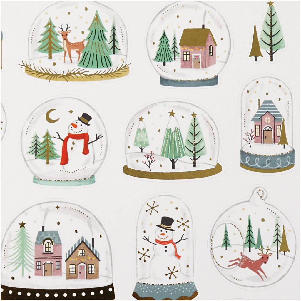 Snow Globe Stickers Sheet 15x16.5cm Plastic Film Silver Foil Glitter Lacquer