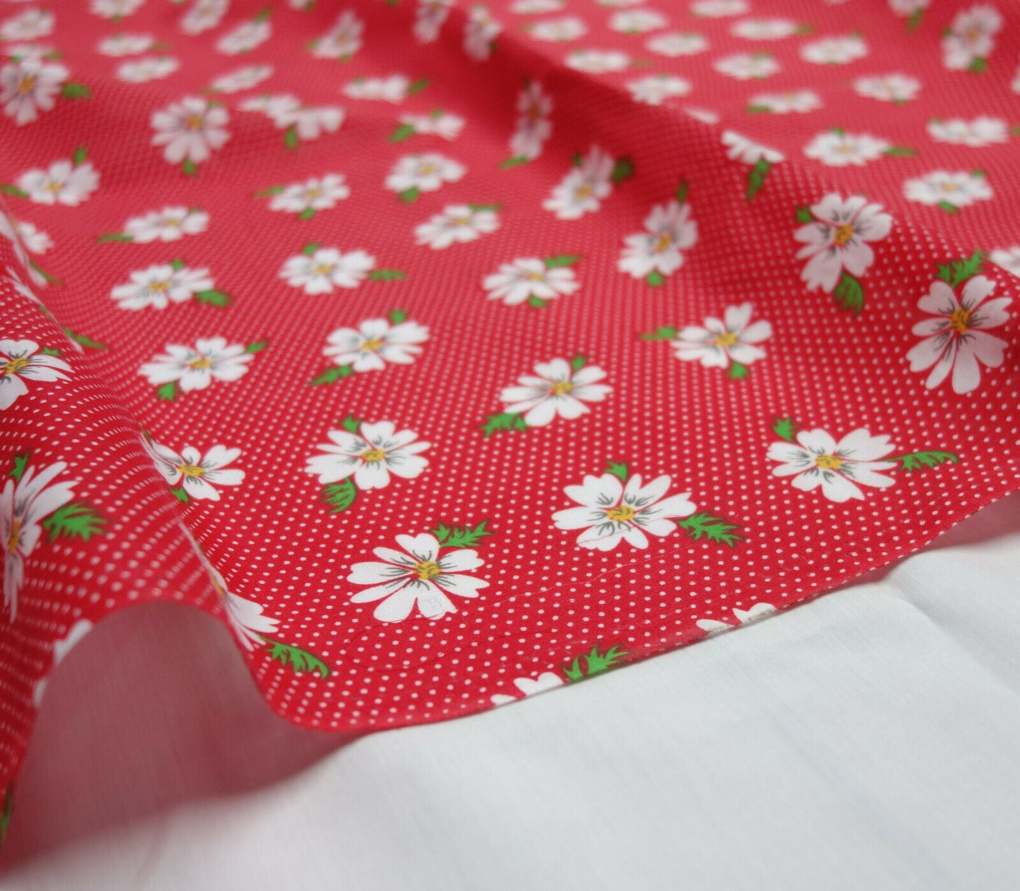 Spotty Daises Red Shabby Chic Polycotton Floral Fabric Sold By Half Metre
