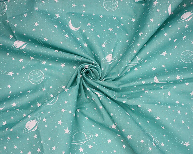 Stars & Planets Turquoise Polycotton Children Fabric