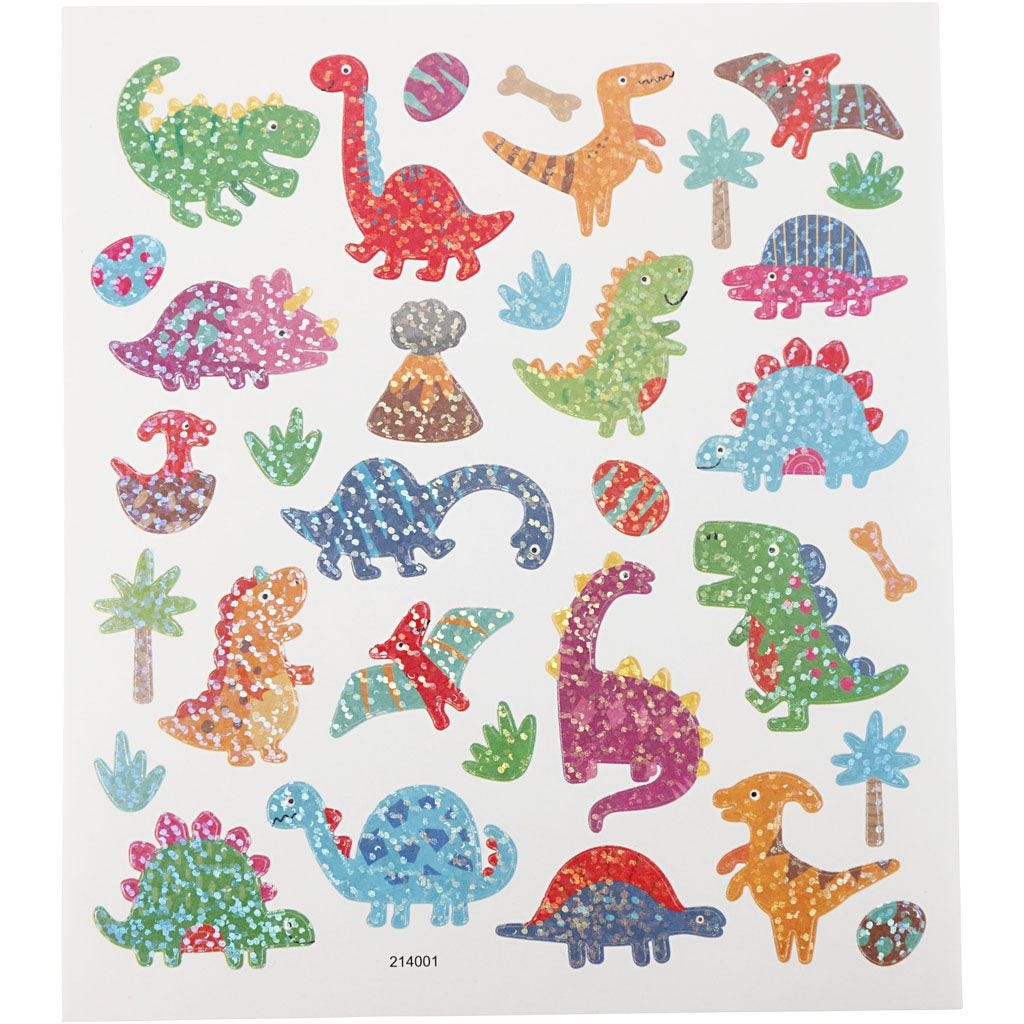 Stickers Sheet Dinosaur Jurrasic 15x16.5cm Transparent Plastic Film Silver Foil Glitter Lacquer