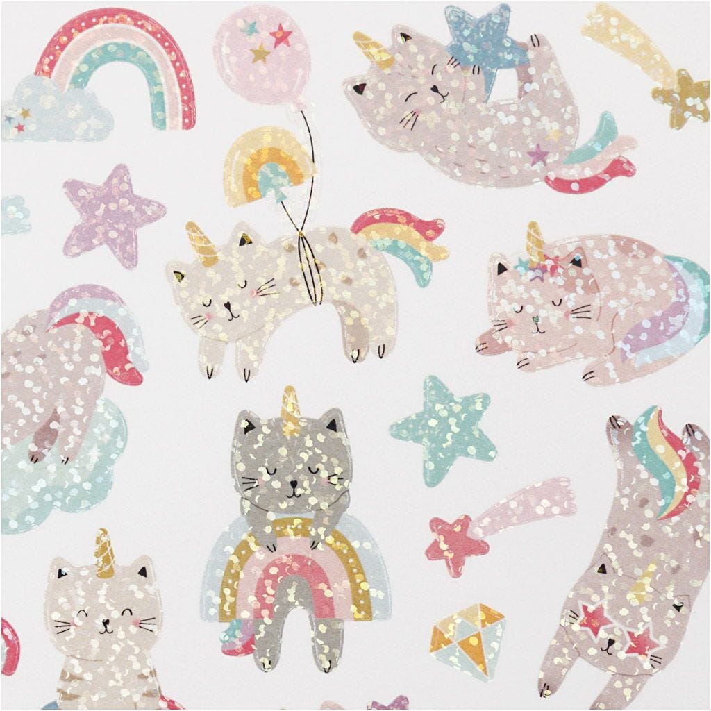 Stickers Sheet Rainbows Unicorns Stars 15x16.5cm Transparent Plastic Film Silver Foil Glitter Lacquer