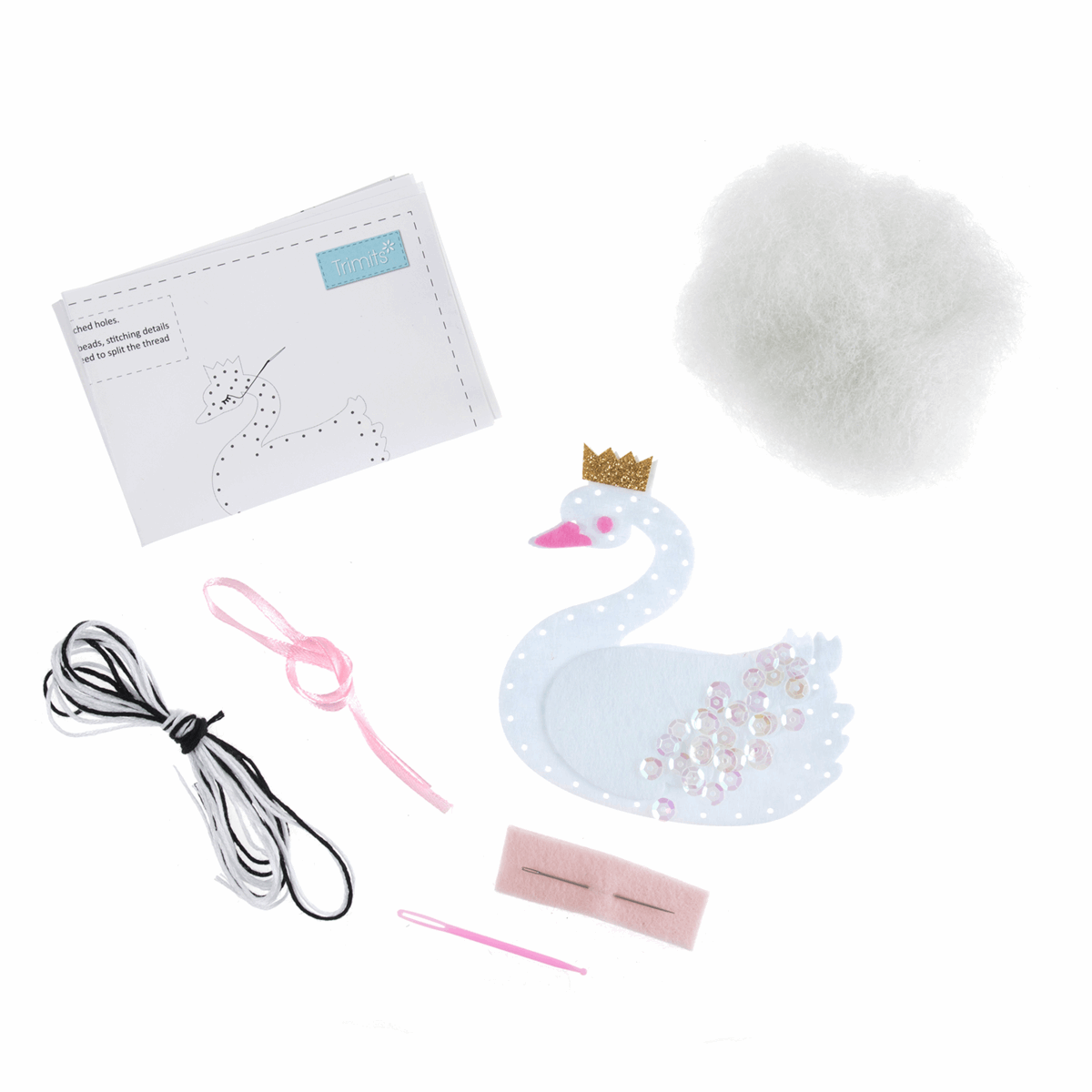 Trimits Pre - Punched Shaped Acrylic Felt Kit For Beginners 10 x 9.5cm - Swan with Crown - Home - Crafts
