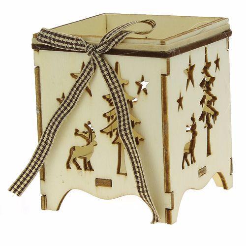 Wooden Candle Tea Light Holder Christmas Reindeer Tree Cut - out Gingham Bow 7 cm - Home - Crafts