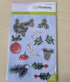 Craft Emotions Clear Silicone Stamp - Christmas Baubles Twigs Holly
