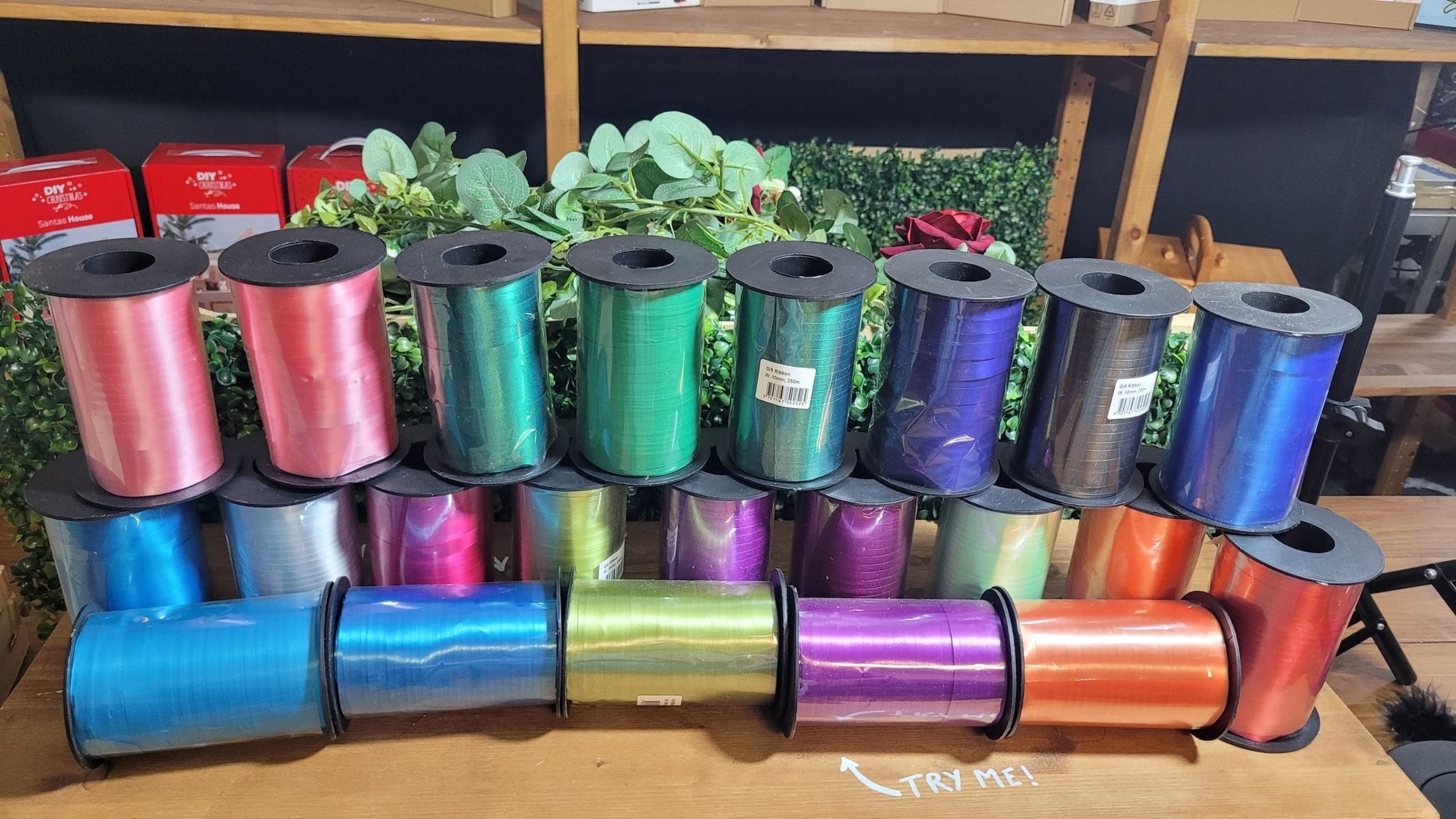 22 Assorted Glossy Curling Ribbon Rolls EACH 250m Width 10mm Decoration CLEARANCE HALF PRICE - Home - Crafts