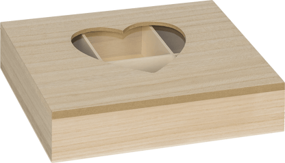 24cm Natural Wooden Glass Pane Box Heart 6-Compartment Craft Jewellery Box