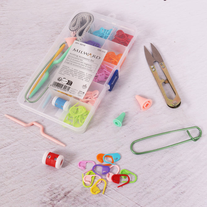 Milward Knitting Accessory Set Stitch Holders Point Protectors Tape Measure 105 Pieces