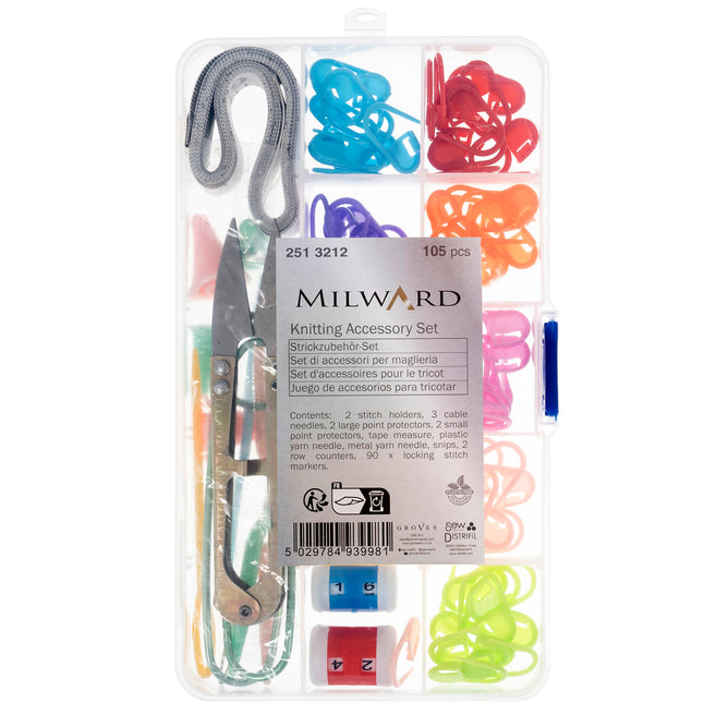 Milward Knitting Accessory Set Stitch Holders Point Protectors Tape Measure 105 Pieces