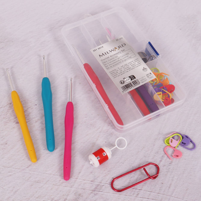 Milward Crochet Accessory Set Soft Grip Hooks Yarn Needle Stitch Markers 31 Items