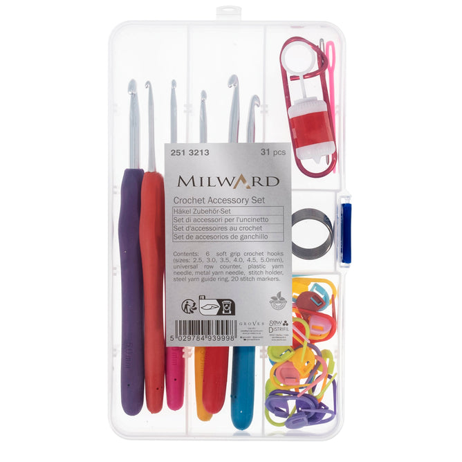 Milward Crochet Accessory Set Soft Grip Hooks Yarn Needle Stitch Markers 31 Items