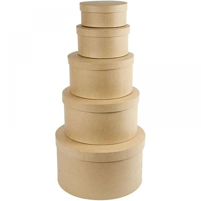 Cardboard Round Hat Boxes With Lid Papier-Mâché Natural 5pc Height: 8-19cm D:16.5-35.5cm