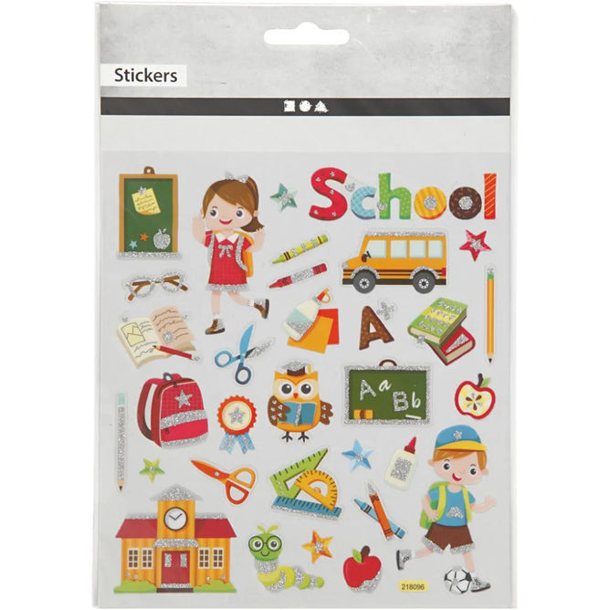 School Plastic Foil Colourful Glitter Stickers 15cm Card Embellishments Sheet