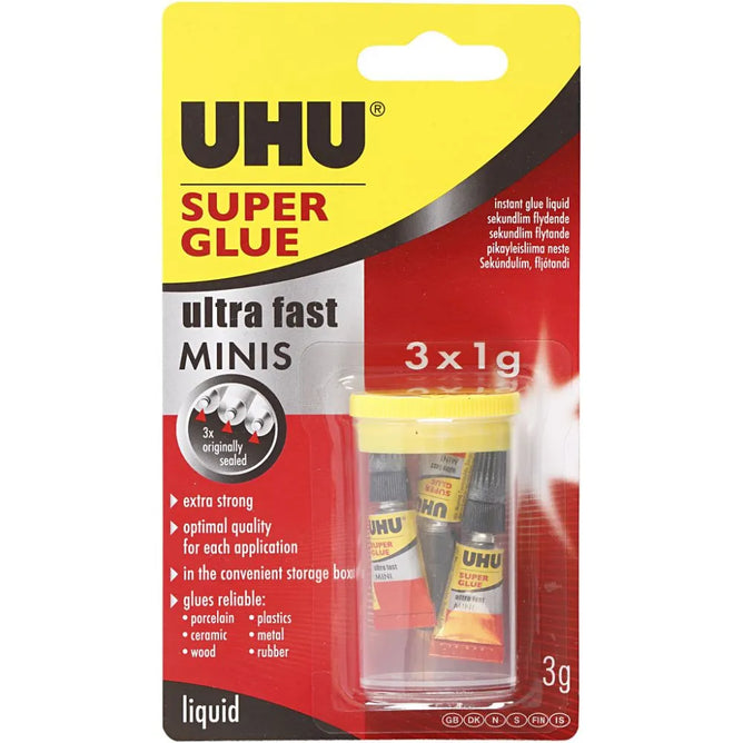 3 x UHU Supper Small Tube Glue For Cardboards Papers Painting Tools Varnish