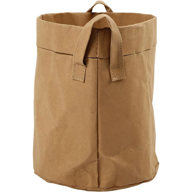 Light Brown Colour Faux Leather Paper Round Shaped Storage Bag With Handle 20 cm