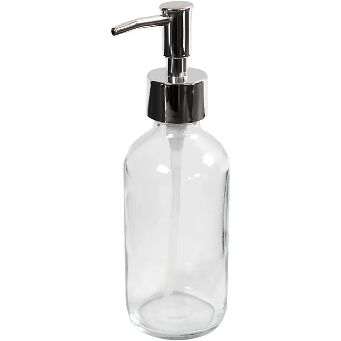 Soap Dispenser Cylindrical 230ml Tall Clear Glass Metal-Coated Plastic Pump