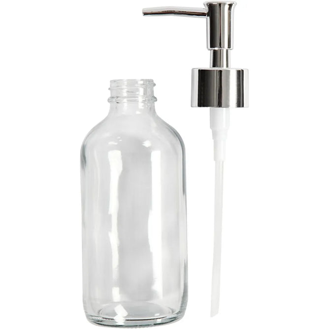 Soap Dispenser Cylindrical 230ml Tall Clear Glass Metal-Coated Plastic Pump