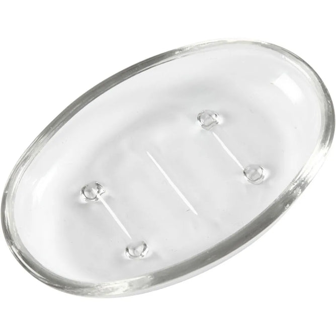 Oval Soap Dish Clear Glass Grooved Base 13cm