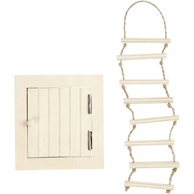 Miniature Attic Access Door And Rope Ladder Mini Decoration