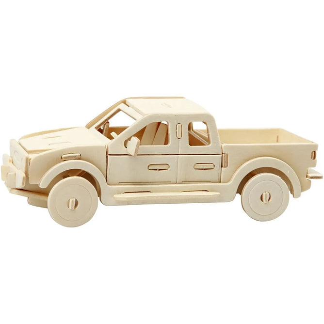 Wood 3D Construction Figure Kit Toy Decoration Craft 19.5x8x12cm - Pick-Up Truck