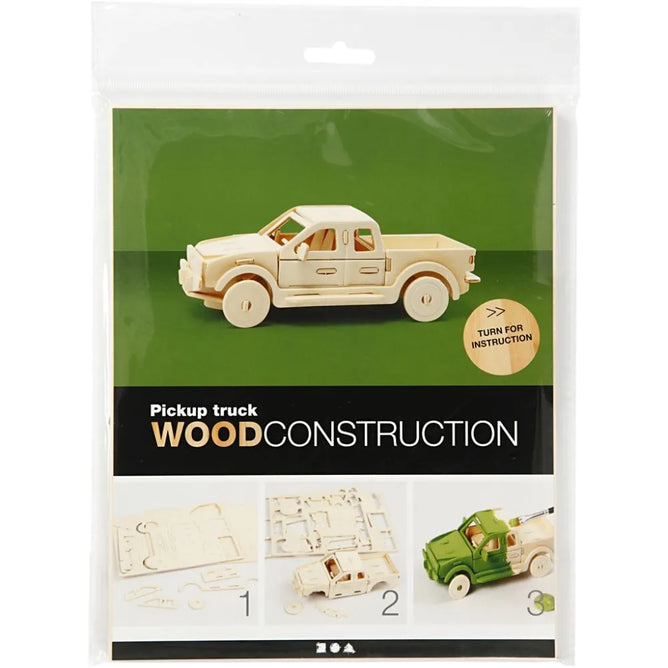 Wood 3D Construction Figure Kit Toy Decoration Craft 19.5x8x12cm - Pick-Up Truck
