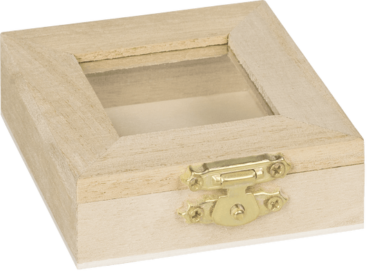 6cm & 7cm Natural Wooden Glass Pane Box Hinged Lid and Lock Single Compartment Craft Jewellery Box