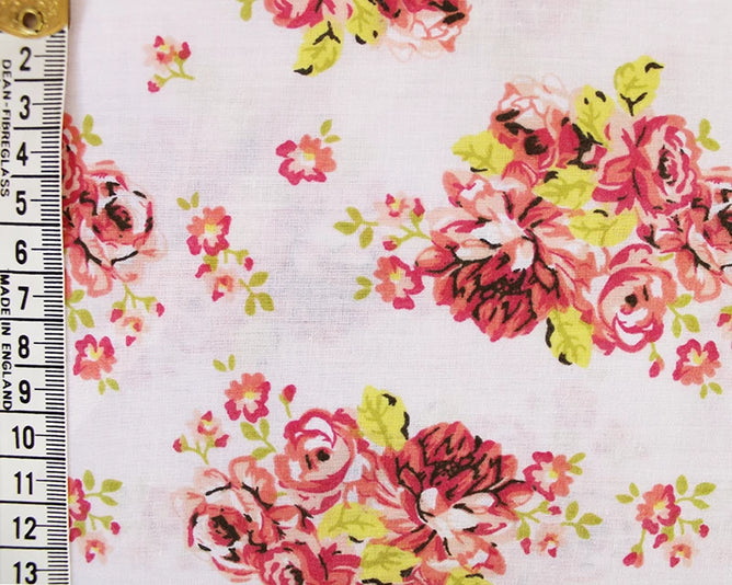 White With Pink Flowers Polycotton Children Fabric Sold By Half A Metre