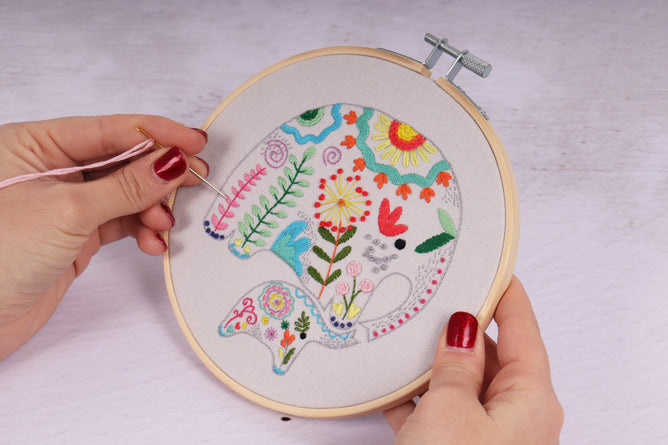 Trimits Floral Mama Elephant Embroidery Kit with Hoop - All Materials & Instructions Included