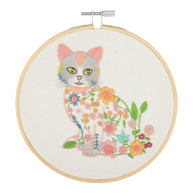 Trimits Cat Blossom Embroidery Kit with Hoop - All Materials & Instructions Included