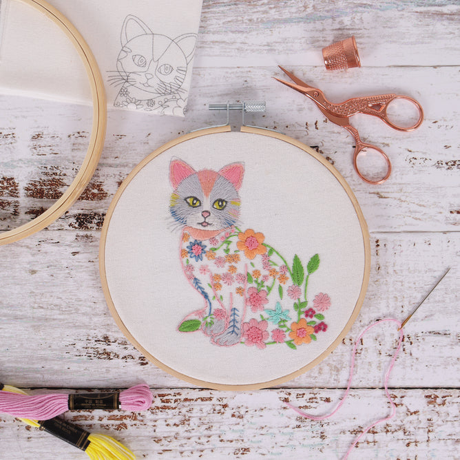 Trimits Cat Blossom Embroidery Kit with Hoop - All Materials & Instructions Included