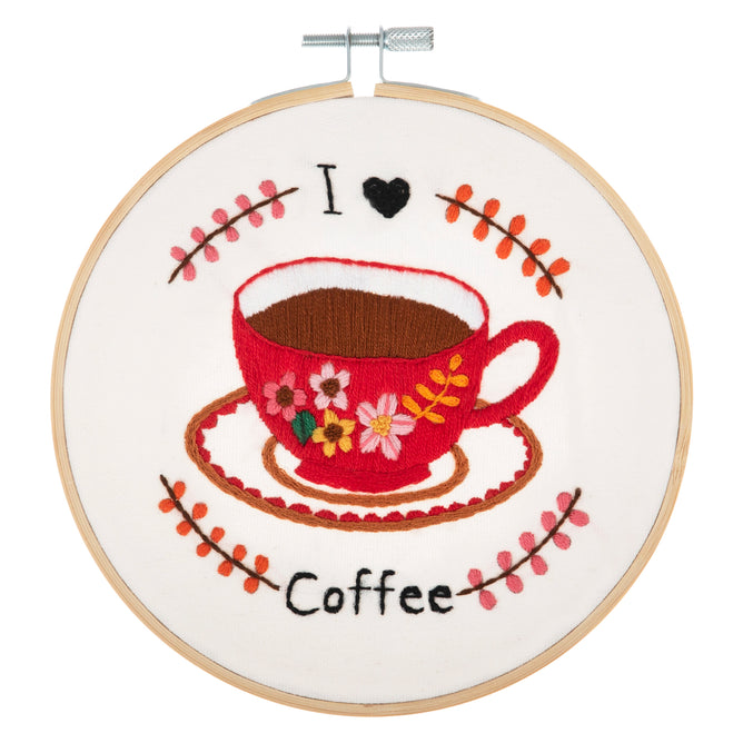 Trimits I Love Coffee Embroidery Kit with Hoop - All Materials & Instructions Included