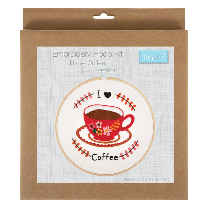 Trimits I Love Coffee Embroidery Kit with Hoop - All Materials & Instructions Included