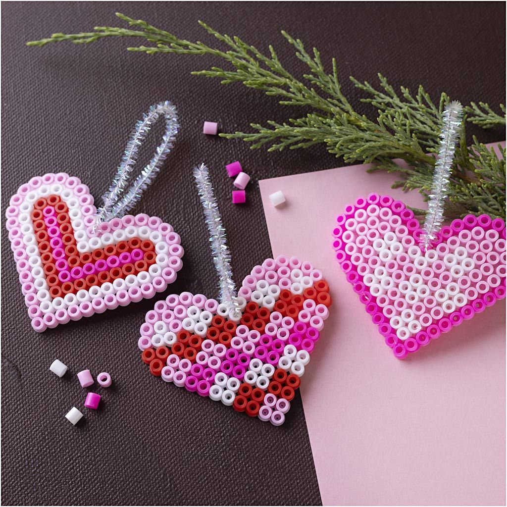 All - in - One Fuse Bead Christmas Craft Kit - Make 3 Adorable Heart Ornaments with Pipe Cleaner Hangers - Home - Crafts