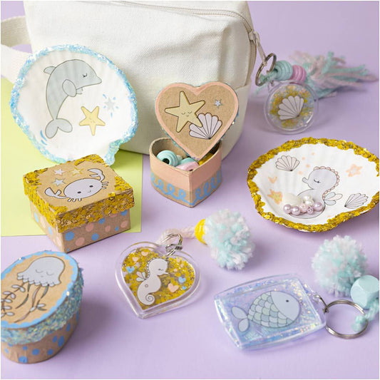 All - in - One Ocean Theme Craft Kit for Kids - Create Shells, Boxes & Key Rings with Glitter Clay & Markers - Home - Crafts