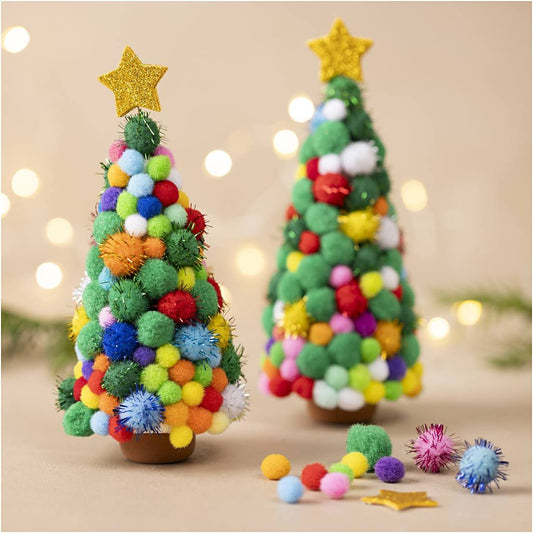 All - in - One Pom - Pom Christmas Tree Kit for Kids - Create 2 Festive Trees with Silk Clay Bases & EVA Stars - Home - Crafts