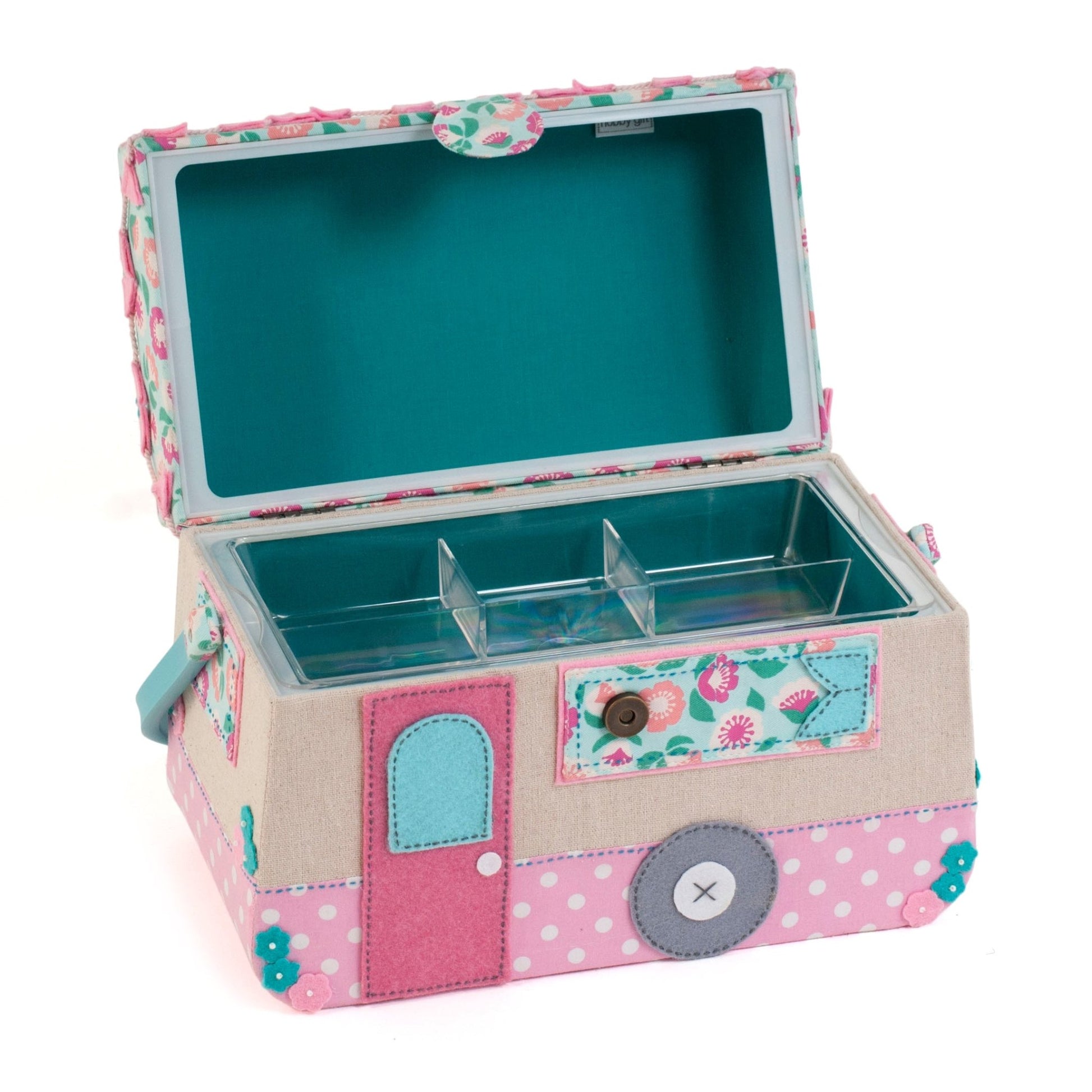 Appliqué Caravan Sewing Box - Embroidered Novelty Storage with Organiser Tray - Home - Crafts