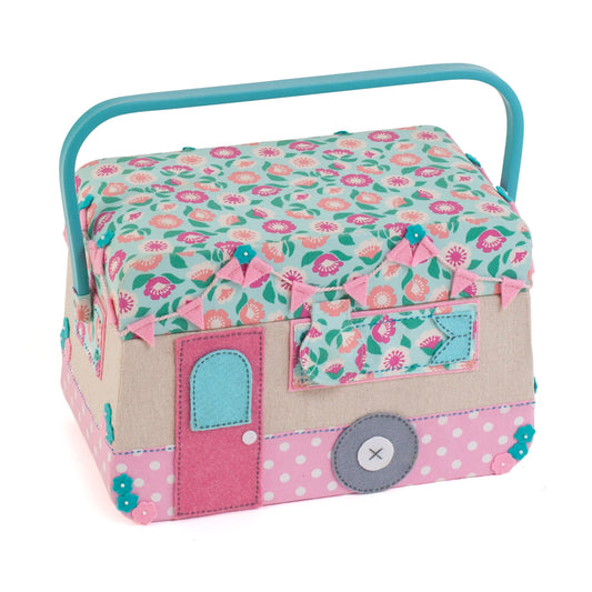 Appliqué Caravan Sewing Box - Embroidered Novelty Storage with Organiser Tray - Home - Crafts