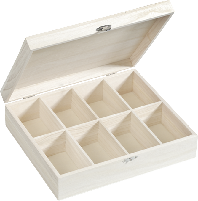 Natural Wooden Box Hinged Lid and Lock 27.5x23.5x7.5cm 8-Compartment Craft Box
