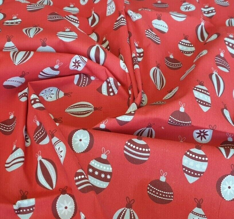 Christmas Baubles Polycotton Floral Fabric - Red