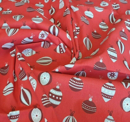 Christmas Baubles Polycotton Floral Fabric - Red