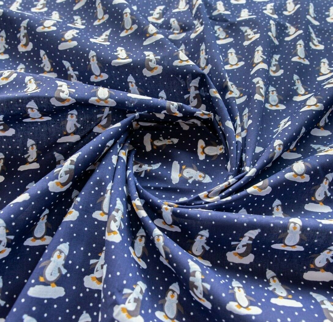 Christmas Dancing Penguin Polycotton Floral Fabric - Navy